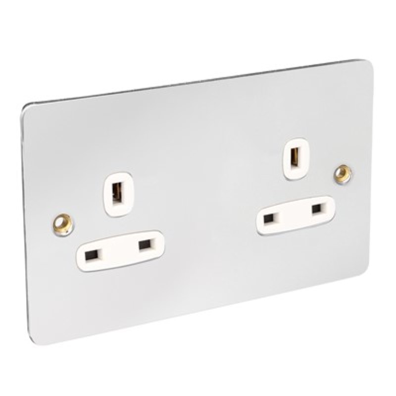 Flat Plate 13Amp 2 Gang Socket Unswitched *Chrome/White Insert *